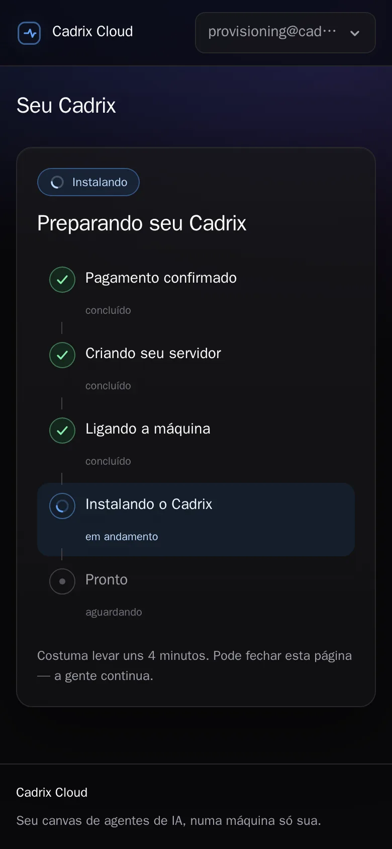 Painel do Cadrix Cloud no celular: etapas do provisionamento